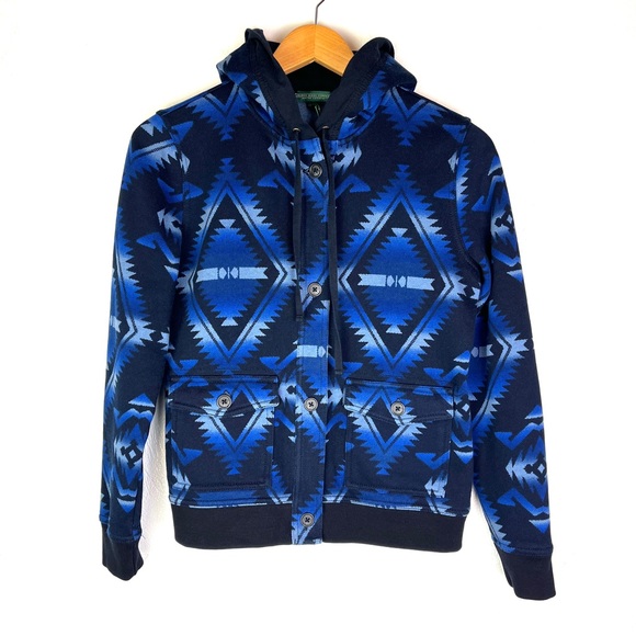 Ralph Lauren Jeans Co. Blue Black Southwestern Aztec Button Up Hoodie size small - Picture 1 of 3